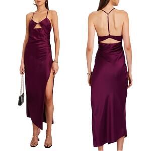 The Sei | Ruched Cut Out Silk Midi Dress in Plum 2